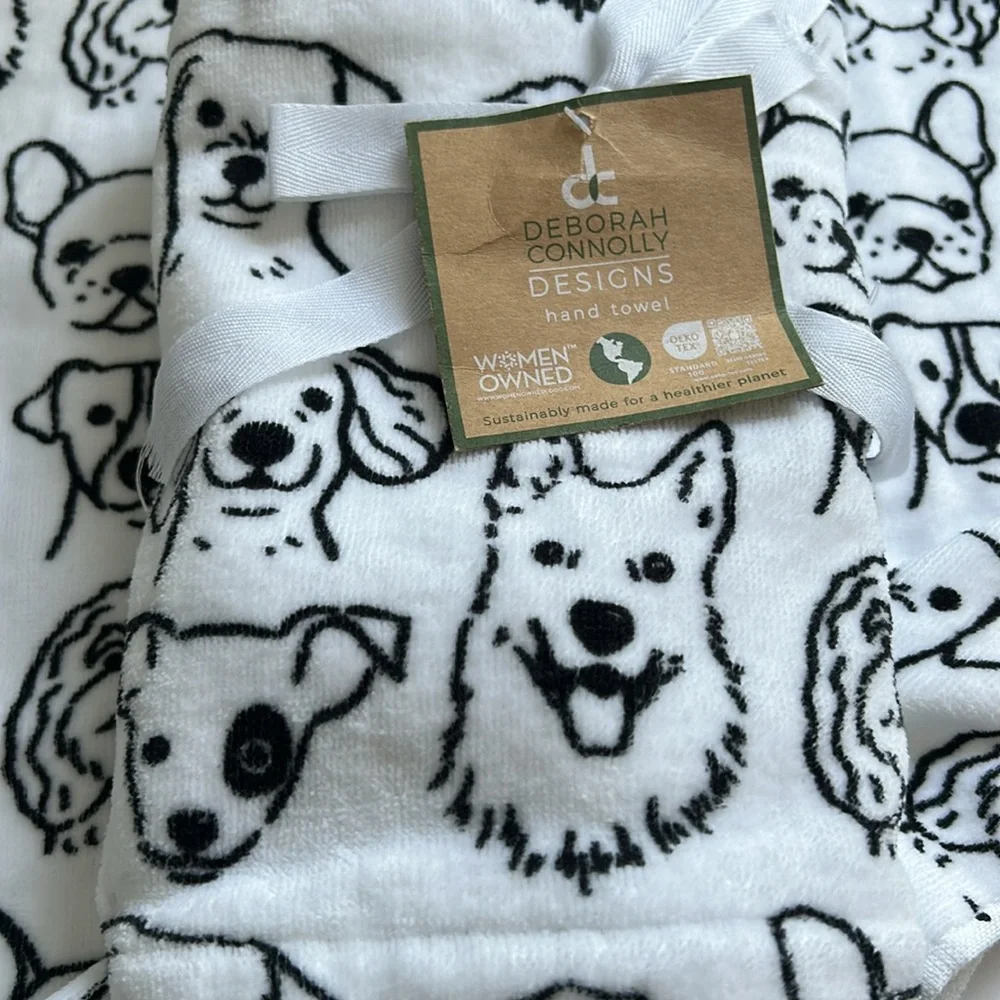 2pk Deborah Connolly White DOGS Print Hand Towels - Picture 2 of 4